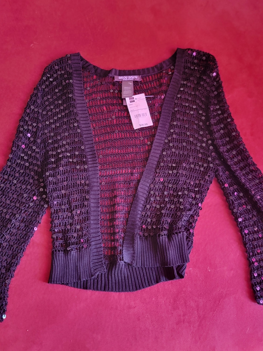 Bisou Bisou Black Sequin Open-Knit Women's Sweater
